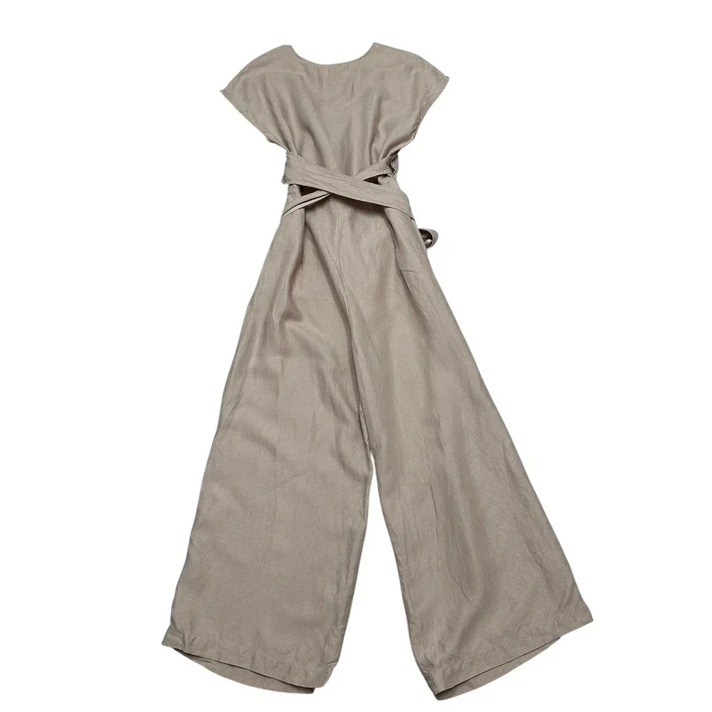 Wilfred Brax Jumpsuit Beige Size 8 Linen Blend Wide Legs Wrap Front Tie Waist